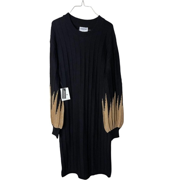 CALLAHAN ANTHRO SWEATER DRESS BLACK METALLIC‎ GOLD CHUNKY WOOL BLEND KNIT NWT - Picture 1 of 9